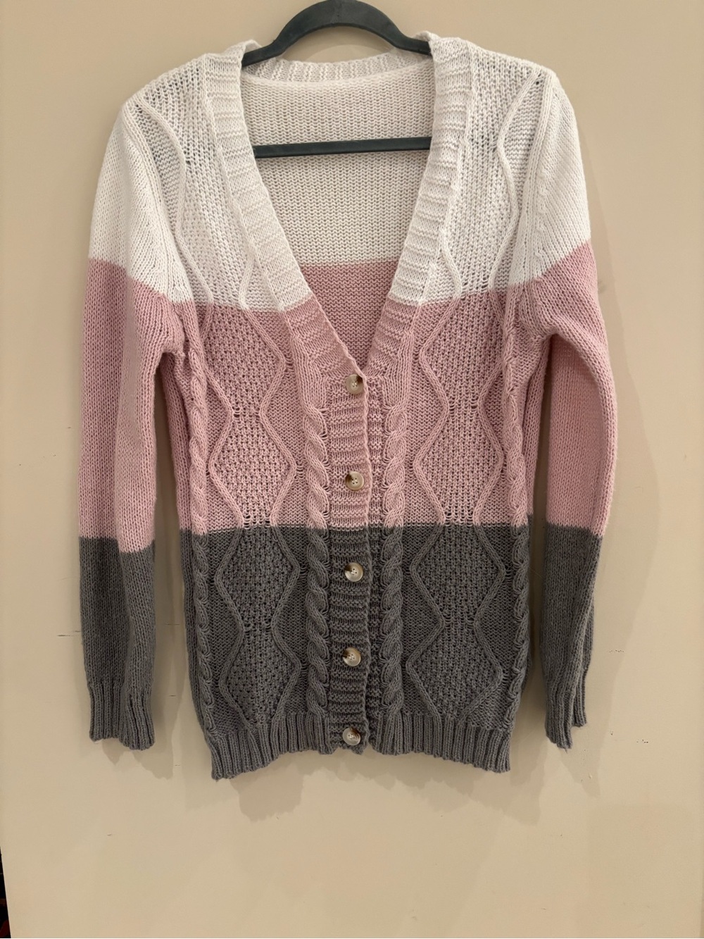 Cozy Colorblock ButtonCable Knit Cardigan - Pink/White/Gray